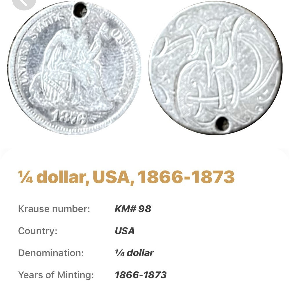 SOLD 1876 Beautiful Coin - fair condition. Beautiful markings & a hole for chain